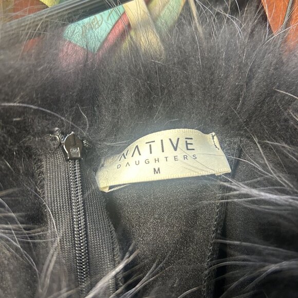 Native Daughters Black Fur Neckline Mini Dress Size Medium - Picture 2 of 6